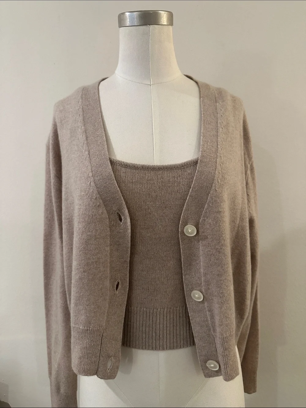 Soft Ribbed Knit Tank and Button Cardigan Set - Taupe